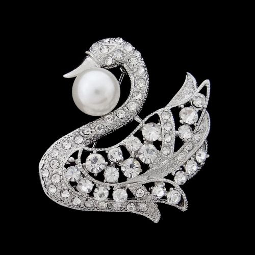 Fashion Chic Animal Swan Pearl Brooch Pin Clear Austrian Crystal