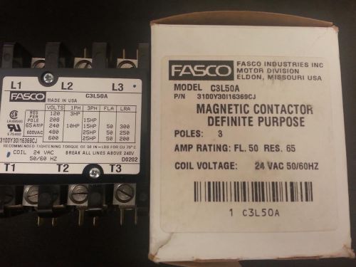 FASCO Definite Purpose Magnetic Contactor 24 VAC COIL 50AMP 3 POLE C3L50A