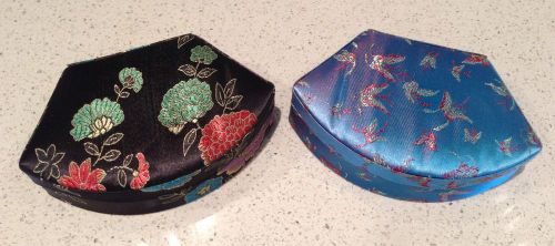 2 New Silk Jewelry Trinket Boxes Clam Shell Floral Black &amp; Butterfly Cyan