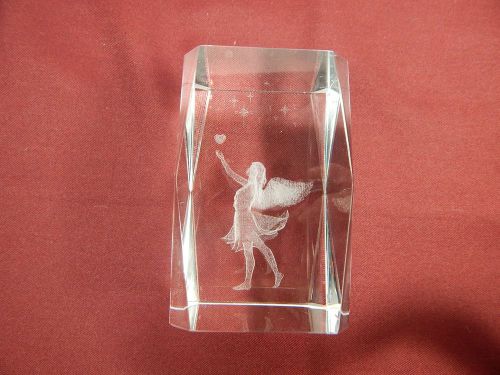PAPERWEIGHT Clear Lucite Acrylic Reverse Carved 3-D Etched Angel Heart &amp; Stars