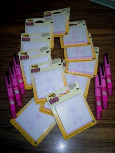HUGE Lot of 12 Breast Cancer POST-IT Notes &amp; 6 PINK Highlighters w/ Tape Flags