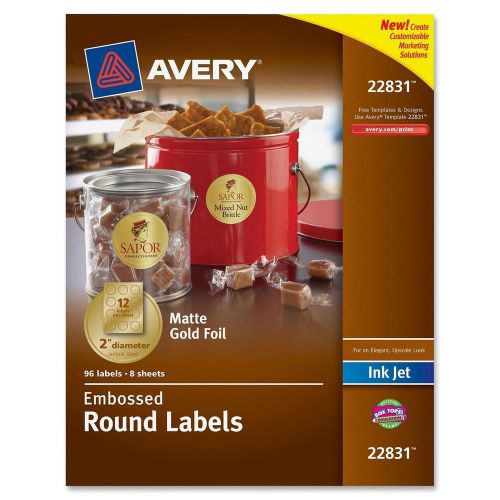 Avery 22831 Embossed Round Labels, Inkjet, 2&#034; Diameter, 96/PK, Matte Gold Foil