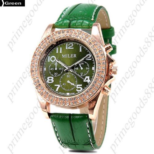 PU Leather Rhinestones Analog Quartz Lady Ladies Wristwatch Women&#039;s Green