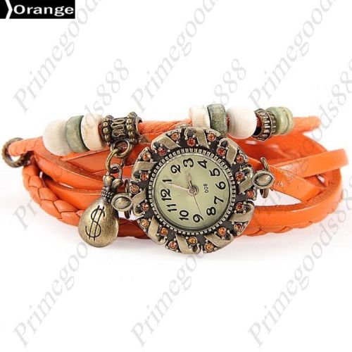 Crook Beads Purse Rhinestone PU Leather Lady Ladies Wristwatch Women&#039;s Orange