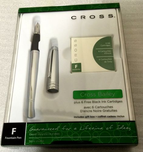 Cross Bailey Fountain Pen, Medium Point 0.85mm, Chrome Barrel, Black, Brand New