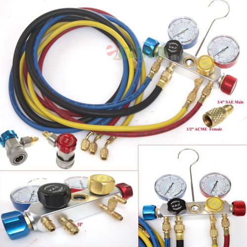 4 way ac manifold gauge set r410a r22 r134a w/hoses+ coupler adapters +1/2&#034; acme for sale