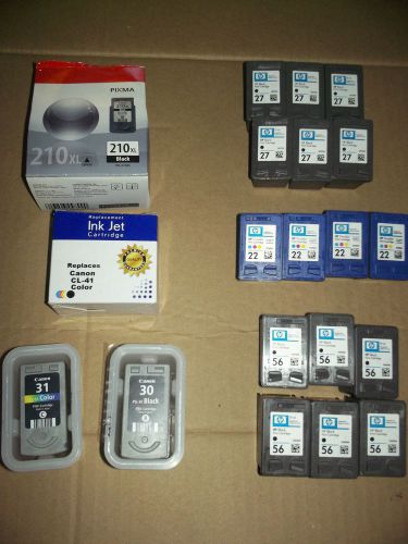 20 assorted printer cartridges,hp 27,22,56.canon,210,41,31,black and color.empty