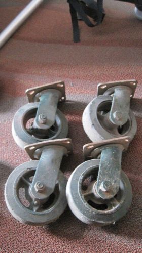 Lot 4 old Industrial wheels castors swivel large salvage table island work bench
