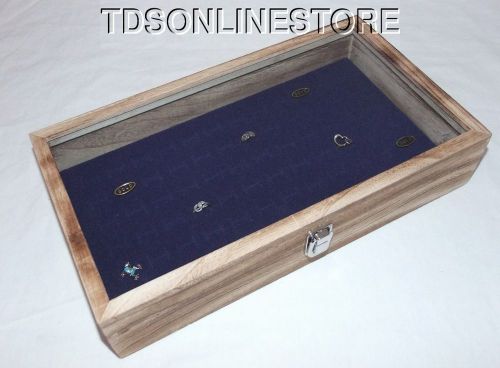 Rustic Antique Oak Color 72 Ring Glass Top Display Case Blue 3&#034; Deep
