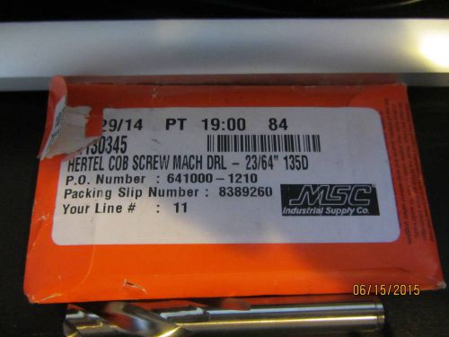 Hertel Cob Screw Machine Drl 23/64&#034; 135D 6ea