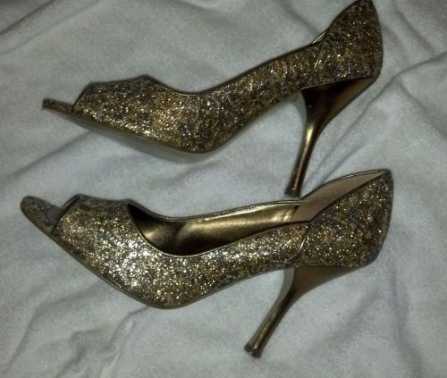 Enzo Angiolini Gold Confetti Glitter Peep Toe Pumps Heels 10 prom party shoes