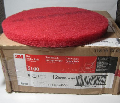 3M 12&#034; Red Super Polish Floor Pad 5100 5-Pack NIB