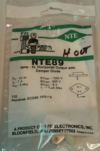NOS NTE89: NPN Transistor: Color TV Horizontal Output W/Internal Damper Diode