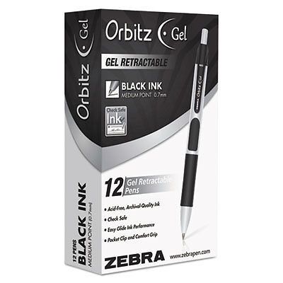 Orbitz Retractable Gel Pen, Black Ink, 0.7mm Medium, Dozen, Sold as 1 Dozen