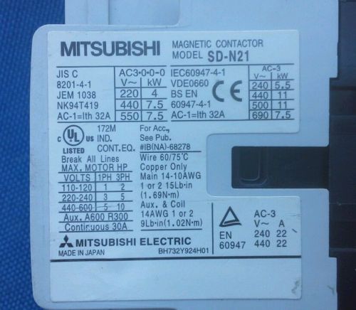 Mitsubishi SD-N21 Magnetic Contactor (Quantity Available) BH732Y924H01
