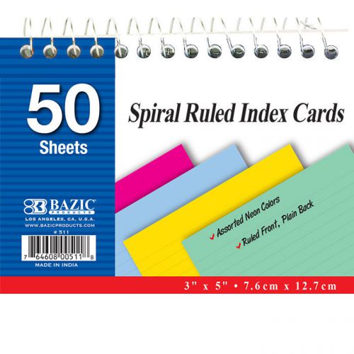 BAZIC 50 Ct. Spiral Bound 3&#034; X 5&#034; Ruled Colored Index Card  of-36