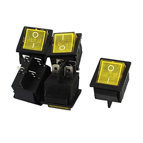AC 250V/125V 15A/20A DPST 4Pin Solder Yellow Lamp Rocker Switches 5Pcs