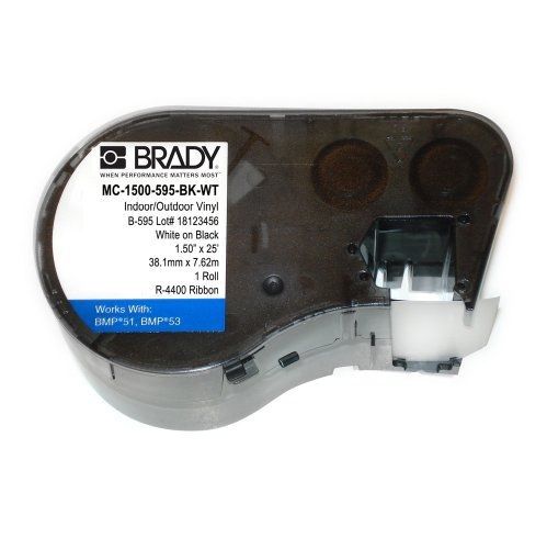 Brady mc-1500-595-bk-wt vinyl b-595 white on black label maker cartridge, 25&#039; for sale