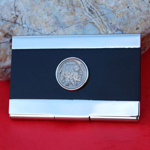 US 1937 Indian Head Buffalo Nickel Coin Black &amp; Silver Business Card Holder NEW