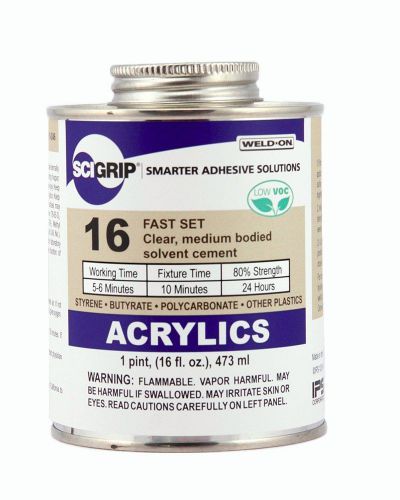 SCIGRIP 16 Acrylic Cement, Low-VOC, Medium bodied, 1 Pint Can with Screw-on Cap,