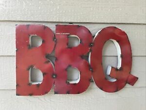 Retro Recycled Metal Sign - BBQ- Smokey Red W/ Distressing - Weld Marks