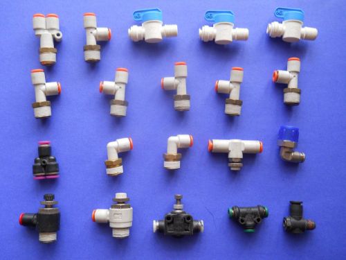Lot of 20 Assorted SMC Pneumatic Quick Connector Couplers 1/4 inch ports
