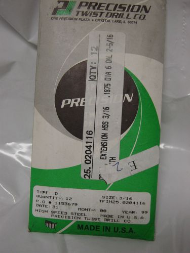 Precision twist drill bits hss 3/16&#034; extension type d set of 12! new! usa made! for sale