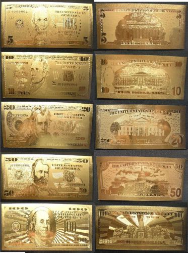 GOLD US BANKNOTE SET $5/10/20/50/100 COIN COLLECTION 99.9 PURE DOLLAR BILL 24K