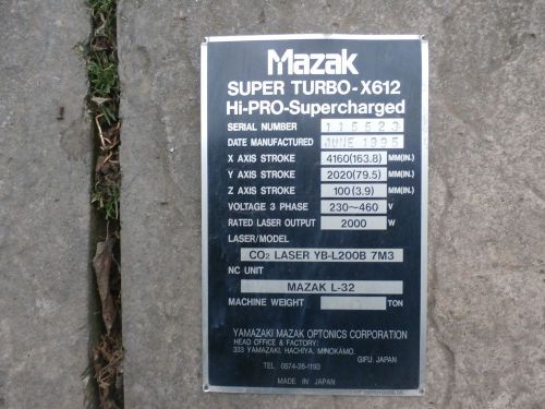 YAMAZAKI MAZAK OPTONICS CORPORATION MACHINERY TAG PLATE SUPER TURBO- X612