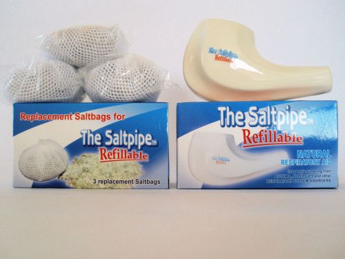 Refillable salt pipe inhaler + 3 replacement salt bags asthma copd allergy,sinus for sale