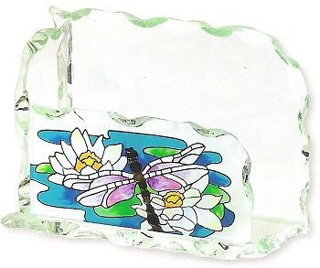 Joan Baker DRAGONFLY &amp; WATERLILY Beveled Painted Glass Business Card Holder