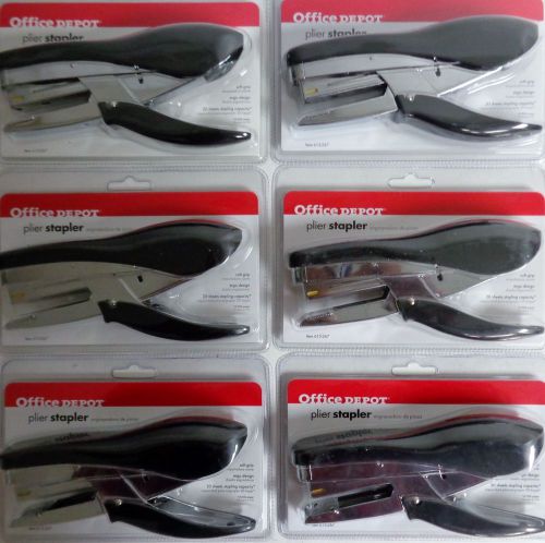 6 Pack Office Depot Plier Stapler, Soft Grip, Black, NEW in Packages