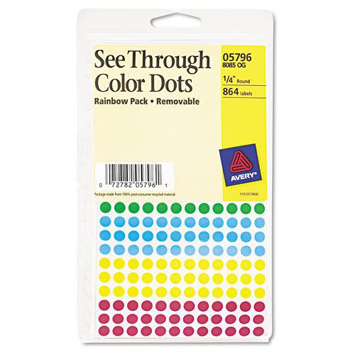 Avery AVE05796 See-Through Removable Color Dots, 1/4&#034; Dia, Assorted Colors, 864/