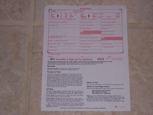 2012 irs tax form w-3 transmittal of wage and tax statements (submit with w-2s) for sale
