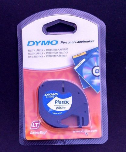 DYMO Letratag 12mm x 4m, Black &gt; WHITE Plastic Label. Splash Proof Plastic Tape