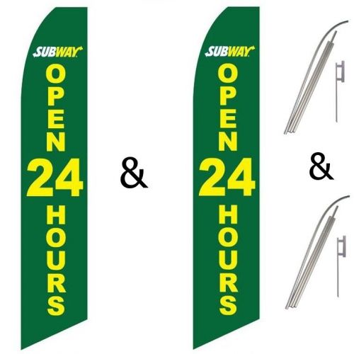 2 Swooper Flag Pole Kits Subway Open 24 Hours Green With Yellow Text