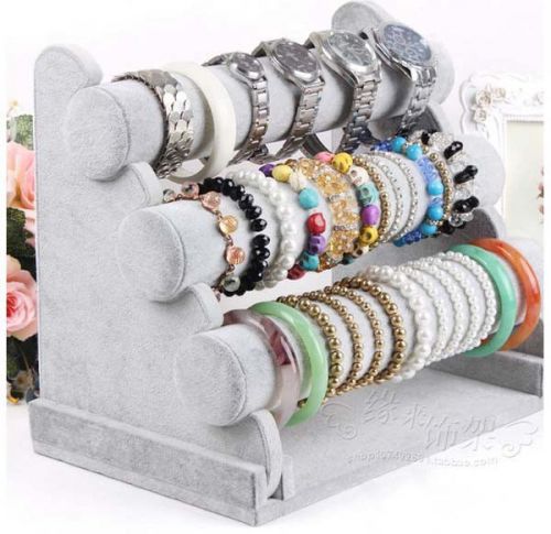 3-tier grey velvet bracelet watch bangle display rack holder - countertop ra2 for sale