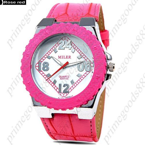 Round Case Bezel PU Leather Quartz Wrist Lady Ladies Wristwatch Women&#039;s Rose Red