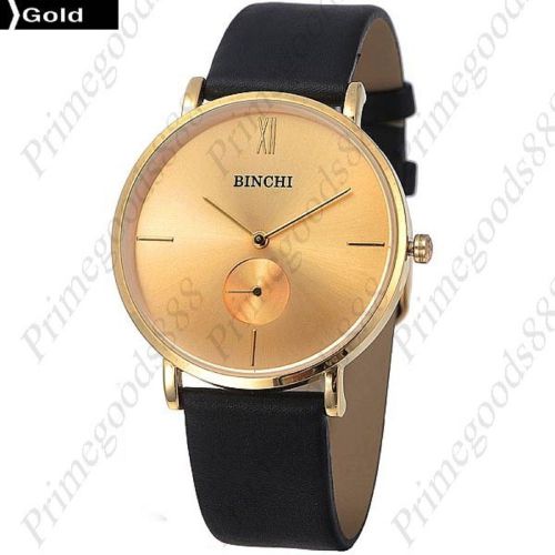 Genuine leather thin strap quartz analog sub dial wrist men&#039;s wristwatch gold for sale