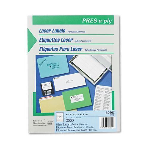 NEW AVERY 30601 Pres-A-Ply Laser Address Labels, 1 x 4, White, 2000/Box