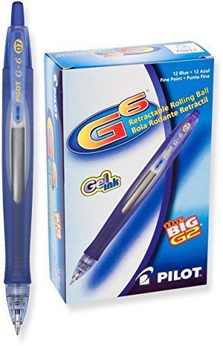 Pilot G6 Retractable Gel Ink Rolling Ball Pen, Fine Point, Blue Ink, Dozen Box