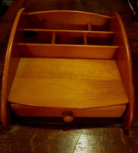SOLID WOOD DESK ORGANIZER w/Honey Colored Stain, 5 Compartments, Shelf &amp; Drawer