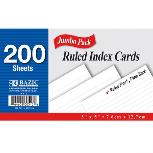 BAZIC 200 Ct. 3&#034; X 5&#034; Ruled White Index Card  of-36