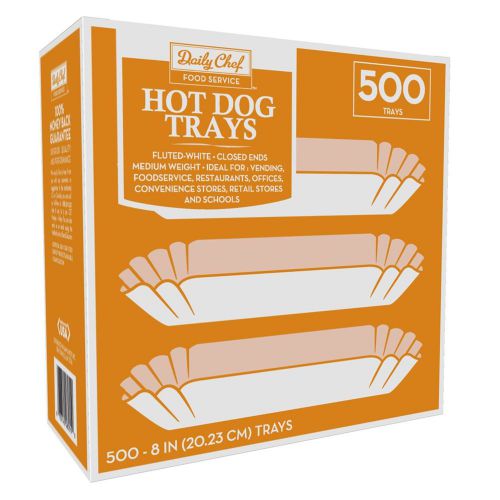 Damaged packaging daily chef fluted white 8&#034; hot dog trays 500ct for sale