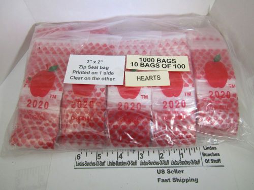 1000 HEARTS 2&#034; X 2&#034; 2 MILL PLASTIC ZIP SEAL BAGS NEW! PRINTED ON ONE SIDE