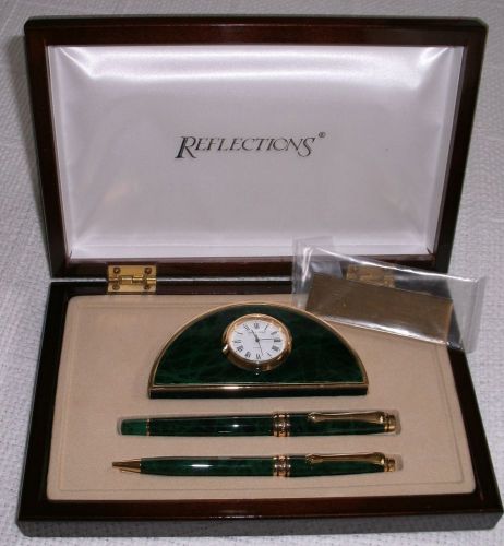 Reflections Fine Writing Instruments Pen/Clock Desk Set-- Green Marble