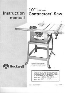 Rockwell-Delta Model 34-440 10&#034; Contractors Saw Instruction Maint Manual + Parts