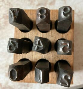 Vintage Steel 1/4&#034;USA NUMBER STAMPS 0-9 wooden box Young Bros Muscatine Iowa