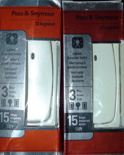 2 Pass &amp; Seymour 15-Amp 3-way Lighted Switches STM873-LASLCC4R Light Almond NEW
