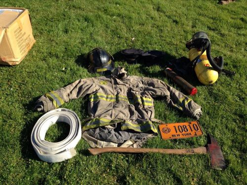 Vintage firefighter set - jacket, helmet, hose, extinguisher, tank, mask, etc for sale